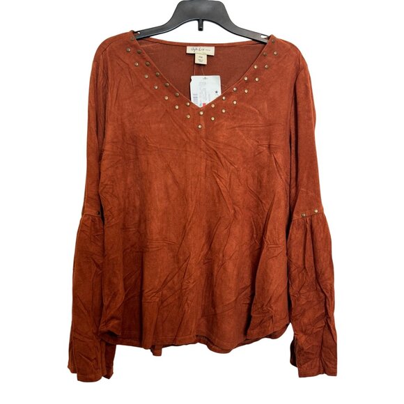 Style & Co Tops - Style & Co Petite Womens Bell Sleeve Top Size PM Rust Studded V-Neck Polyester B